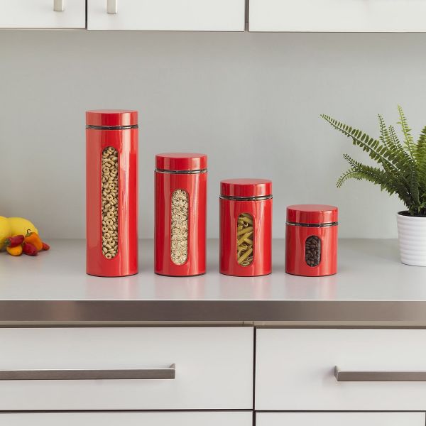 Leraze Set of 4 Red Stainless Steel Canisters with Glass Window & Airtight Lid