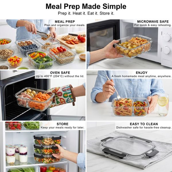 Sorbus 5-Pack 35 oz/1040 mL 2-Compartment Glass Food Storage Containers with Airtight Lids