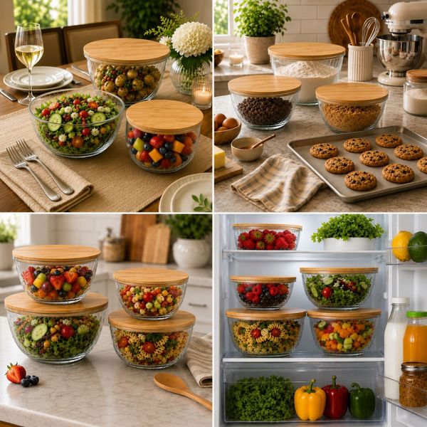 Sorbus 4-Piece Glass Bowl Set with Airtight Bamboo Lids – Nesting Mixing & Storage Bowls, BPA-Free, Microwave, Dishwasher & Freezer Safe