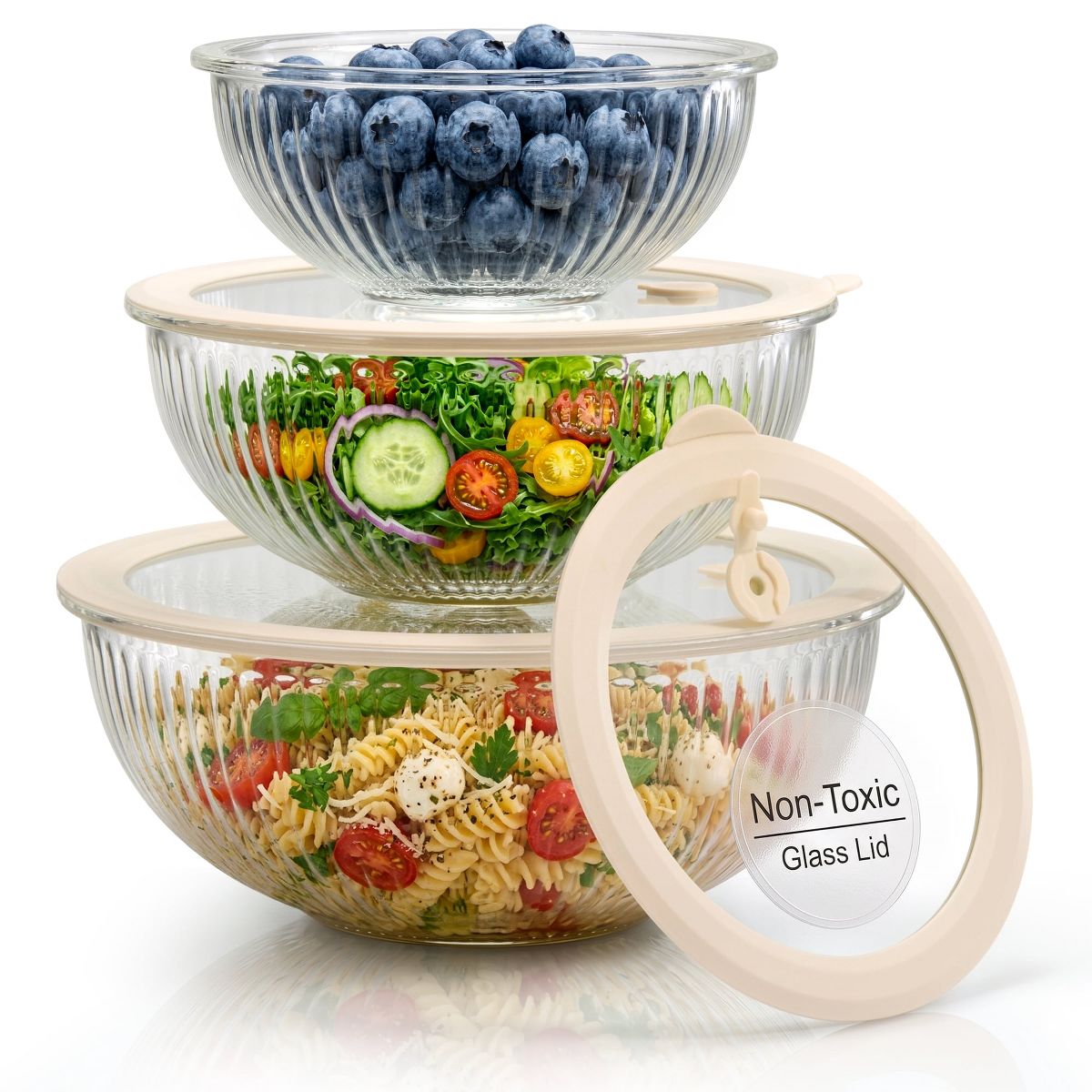 Vase & Vessel Glass Mixing Bowls with Glass Lids, Non-Toxic, Set of 3