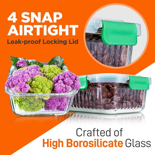 NutriChef 5-Piece Superior Glass Food Storage Containers Set - Stackable Design, Newly BPA-free Airtight Locking lids with Wave Design