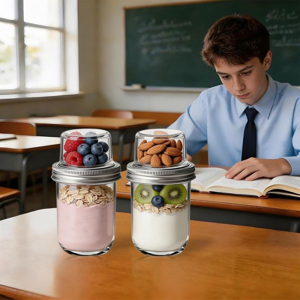 Glass Meal Prep Containers with Lids & Spoons, 6-Pack Dual-Layer 16oz + 4oz Jars Airtight Leakproof for Overnight Oats Yogurt Chia Pudding Snacks