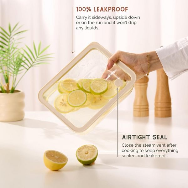 Kook Glass Storage Container Set, with Lids, Rectangular, Clear/Sand, Set of 3, (23.6/50.3/80 oz)