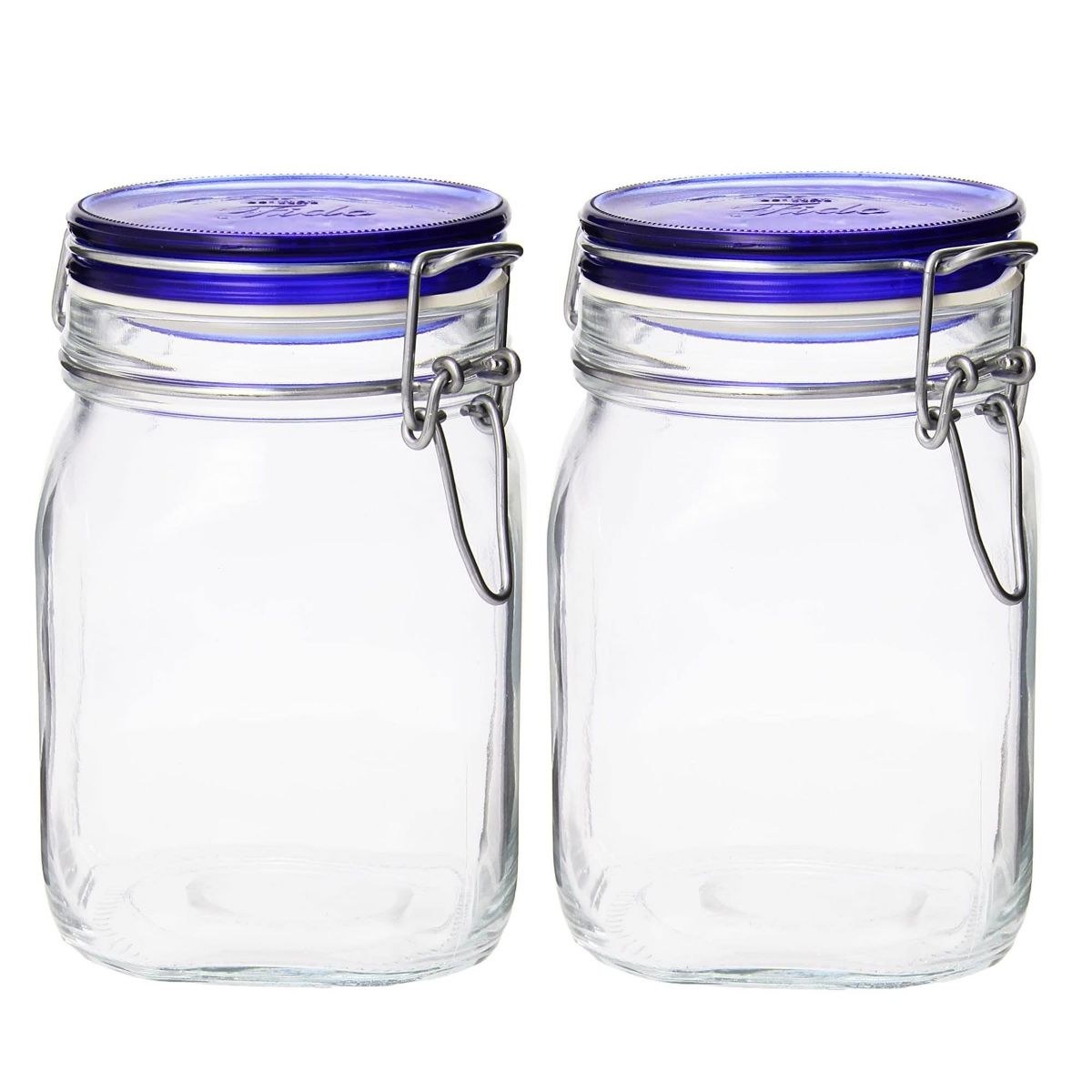 Bormioli Rocco Fido Glass Canning Jars, Airtight Storage Containers with Blue Lids – 50.75 oz Clamp Lock Canisters – Italian Made Glass (Set of 2)