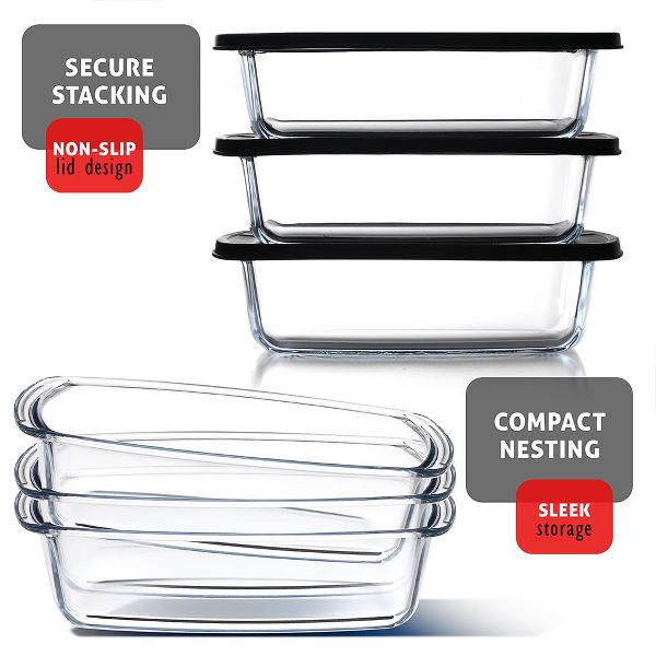 Joytable Set of 3 Bread Loaf Pans with Airtight Lids, 1.9 Quart Deep Rectangular Glass Food Storage Containers