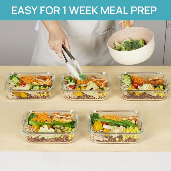 Vtopmart 5 Pack 35oz Grey Glass Food Storage Containers with Lids, Airtight Lunch Container Set, Safe for Oven, Microwave, Freezer and Dishwasher