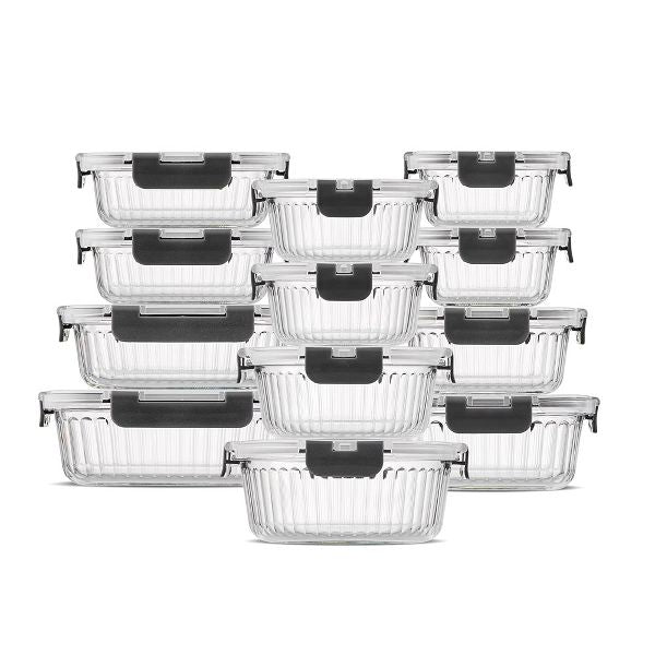 JoyJolt 24 Piece Fluted Glass Food Storage Containers with Leakproof Lids Set - Black