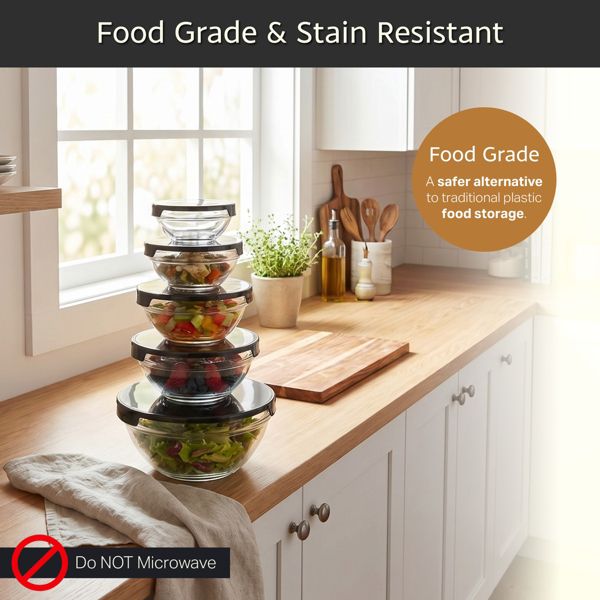 Glass Food Storage Containers with Snap Lids- 10 Piece Set with Multiple Bowl Sizes for Storage, Meal Prep, Mixing and Serving (Black)