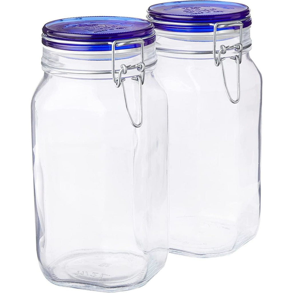 Bormioli Rocco Fido Glass Canning Jars, Airtight Storage Containers with Blue Lids – 50.75 oz Clamp Lock Canisters – Italian Made Glass (Set of 2)