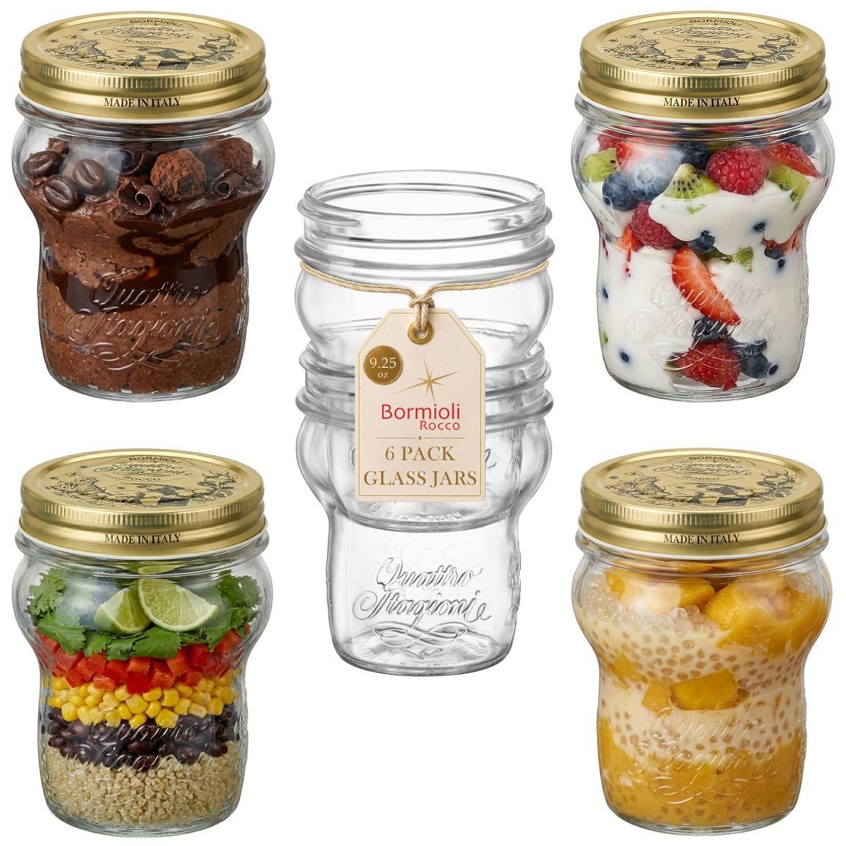 Bormioli Rocco 9.25oz Quattro Stagioni Stacking Jar - Nestable Wide Mouth Glass, Vacuum Seal Canning Container