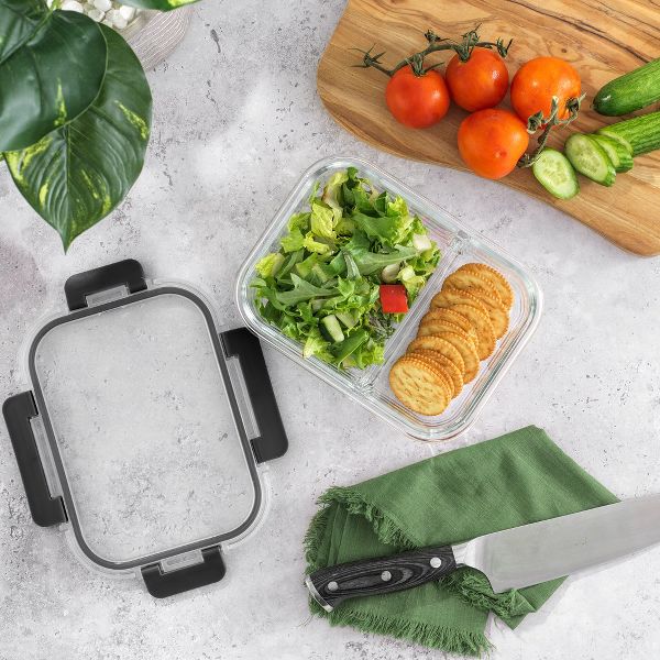 JoyJolt 2-Sectional Divided Food Prep Food Storage Containers with Lids - Set of 5 - Black