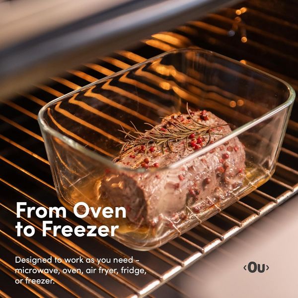 OU Glass Food Storage Container Set 8pc (set of 4) Microwave, Freezer & Dishwasher Safe, Airtight Leak Proof Lid with Microwave Valve, Stackable