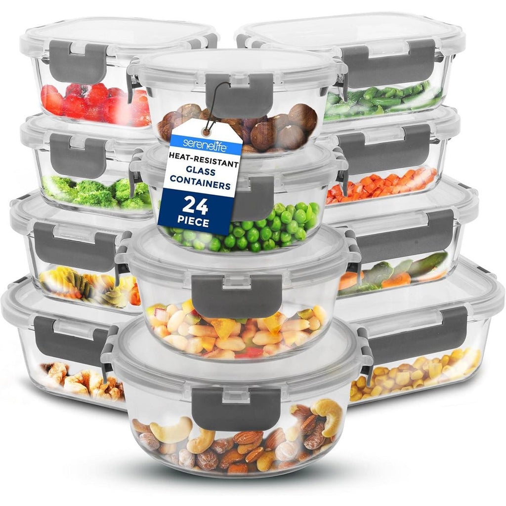 SereneLife 24-Piece High Borosilicate Glass Food Storage Containers Set (SLGL24GY.5)