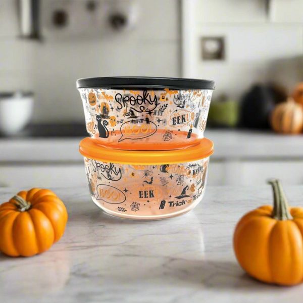 Dura Culina® Halloween Glass Food Round Stackable Storage Sets (2 Cup Size, 3 Containers + 3 Lids)