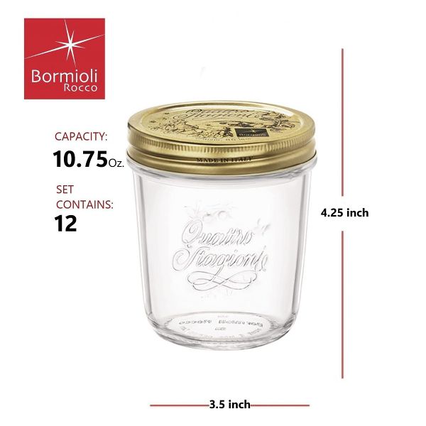 Bormioli Rocco Quattro Stagioni 10.75 oz Glass Preserving Jar Set of 12, Wide‑Mouth Twist‑Top Canister with Airtight Seal, Bee embossed Storage