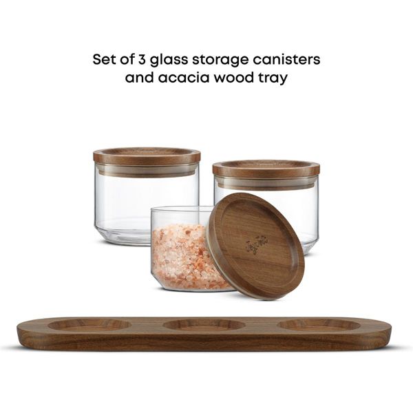 Holden Stackable Glass Storage Canister Set with Wood Lids and Tray- 14oz