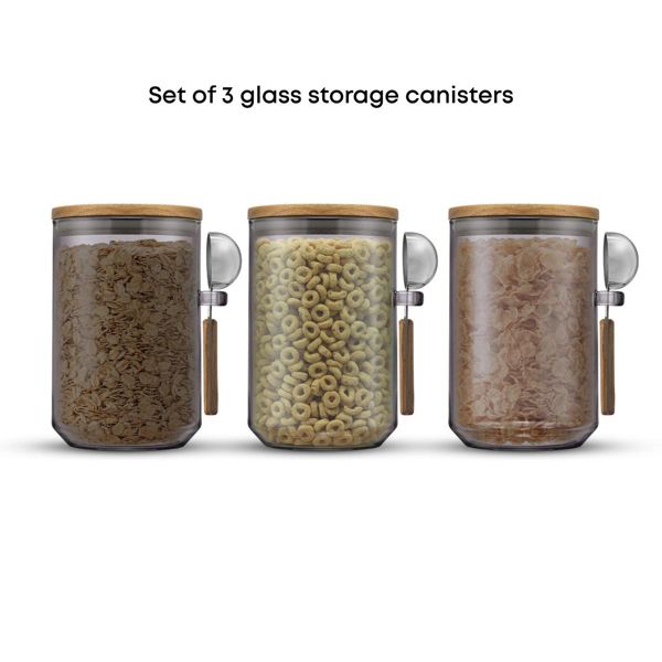 Holden 32oz Stackable Glass Storage Canister Set with Wood Lids and Scoops- Clear