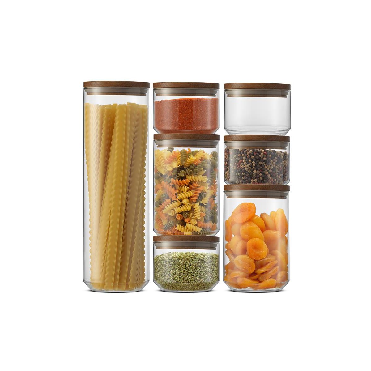 Holden 7-Piece Stackable Glass Storage Canister Set with Wood Lids