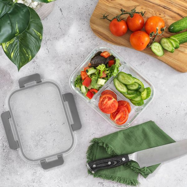 JoyJolt 3-Sectional Divided Food Prep Food Storage Containers with Lids - Set of 5 - Black