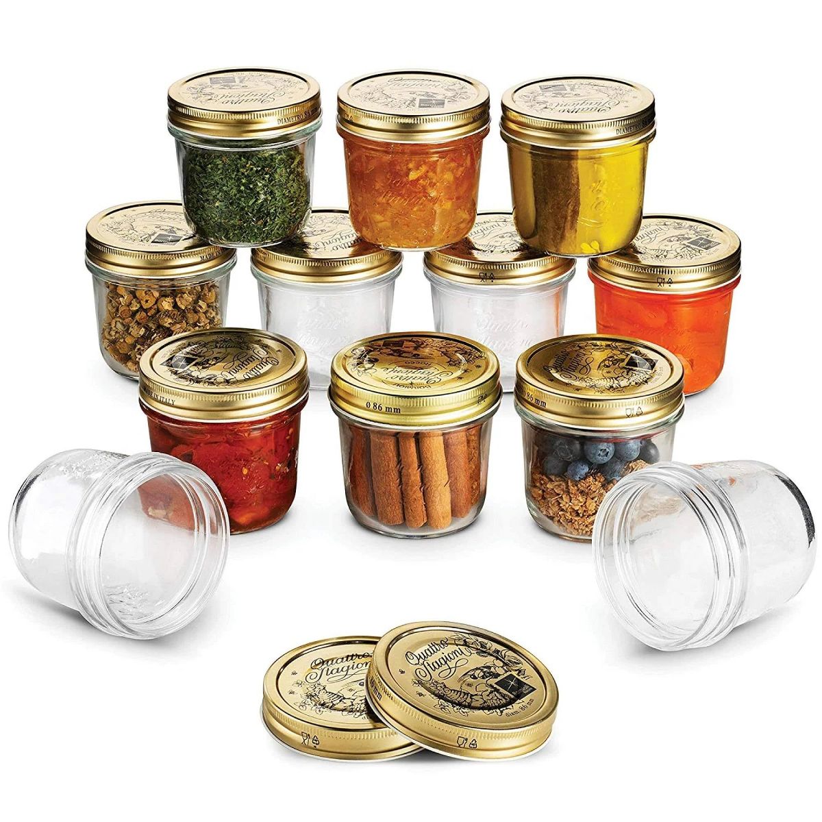 Bormioli Rocco Quattro Stagioni 10.75 oz Glass Preserving Jar Set of 12, Wide‑Mouth Twist‑Top Canister with Airtight Seal, Bee embossed Storage