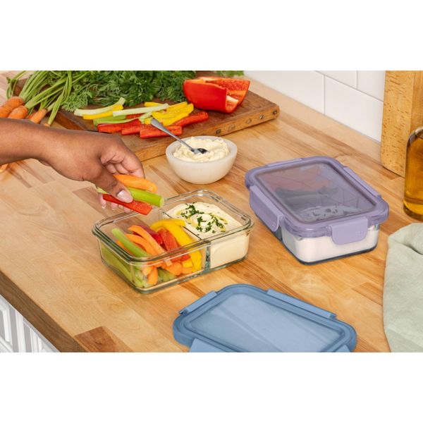 Ello Color Lock Glass 3.4c 2pk Divided Meal Prep Food Storage Container Set Purple/Blue