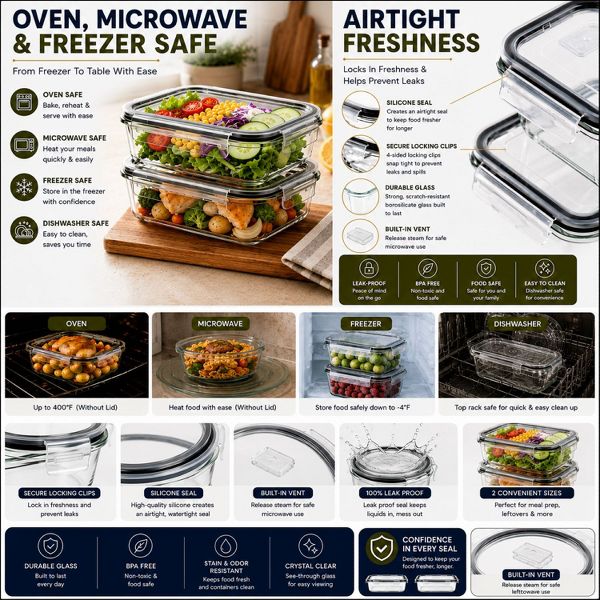 Sorbus 2 Pack 35Oz Glass Food Storage Containers with Steam-Air Vent, Airtight Locking Lids