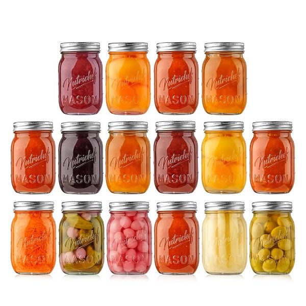 NutriChef 16 Pcs. Glass Mason Jars with Regular Lids and Bands, DIY Magnetic Spice Jars, Ideal for Meal Prep, Jam, Honey, Wedding Favors, and more