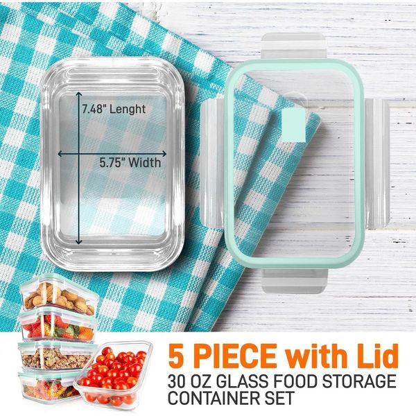 NutriChef 10-Piece Superior Glass Food Storage Containers Set - Stackable, Newly BPA-free Airtight Clear Locking lids with Vent & Green Air Hole