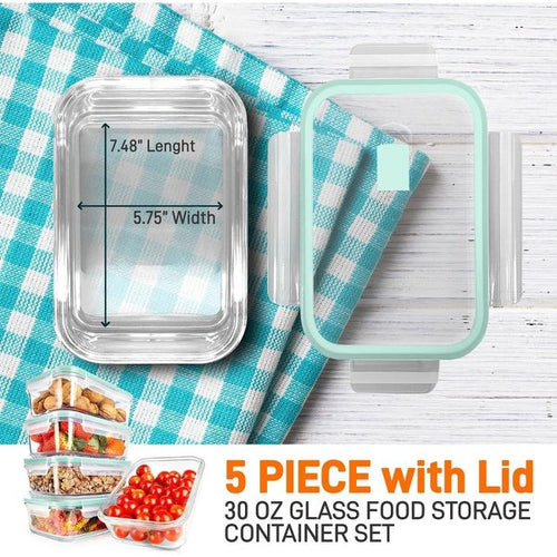 NutriChef 10-Piece Superior Glass Food Storage Containers Set - Stackable, Newly BPA-free Airtight Clear Locking lids with Vent & Green Air Hole