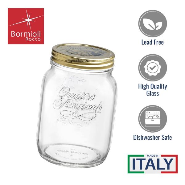 Bormioli Rocco Quattro Stagioni 67.75oz Mason Jar Glass - Wide Mouth Twist Top, Canister Beehive Embossed Design