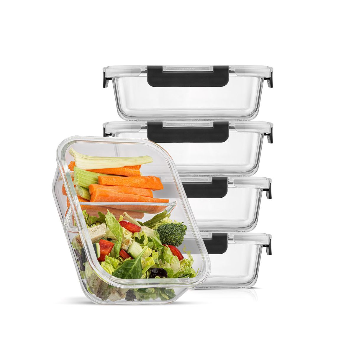 JoyJolt 2-Sectional Divided Food Prep Food Storage Containers with Lids - Set of 5 - Black