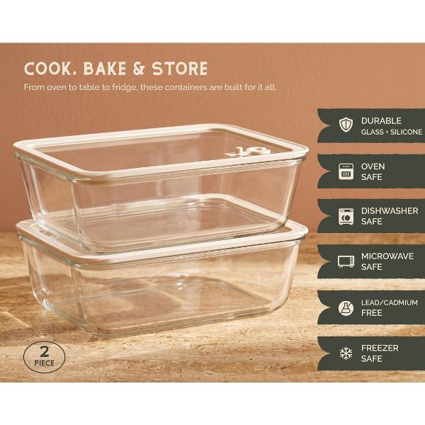 Kook Glass Storage Container Set, with Lids, Rectangular, Set of 2, 70 oz