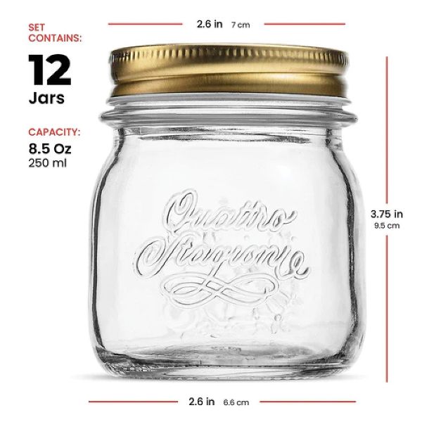 Bormioli Rocco Quattro Stagioni 10.75 oz Glass Preserving Jar Set of 12, Wide‑Mouth Twist‑Top Canister with Airtight Seal, Bee embossed Storage
