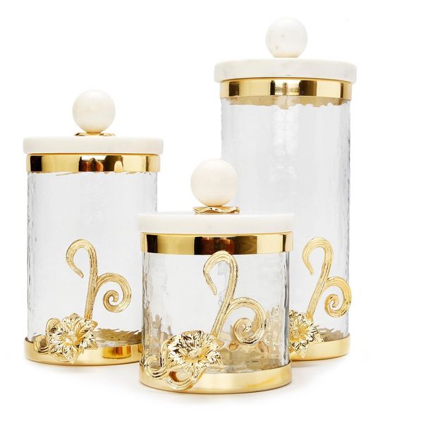 Classic Touch Glass Canister with Gold Design and Marble Lid (Large)