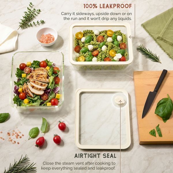 Kook Glass Storage Container Set, with Lids, Rectangular, Set of 2, 70 oz
