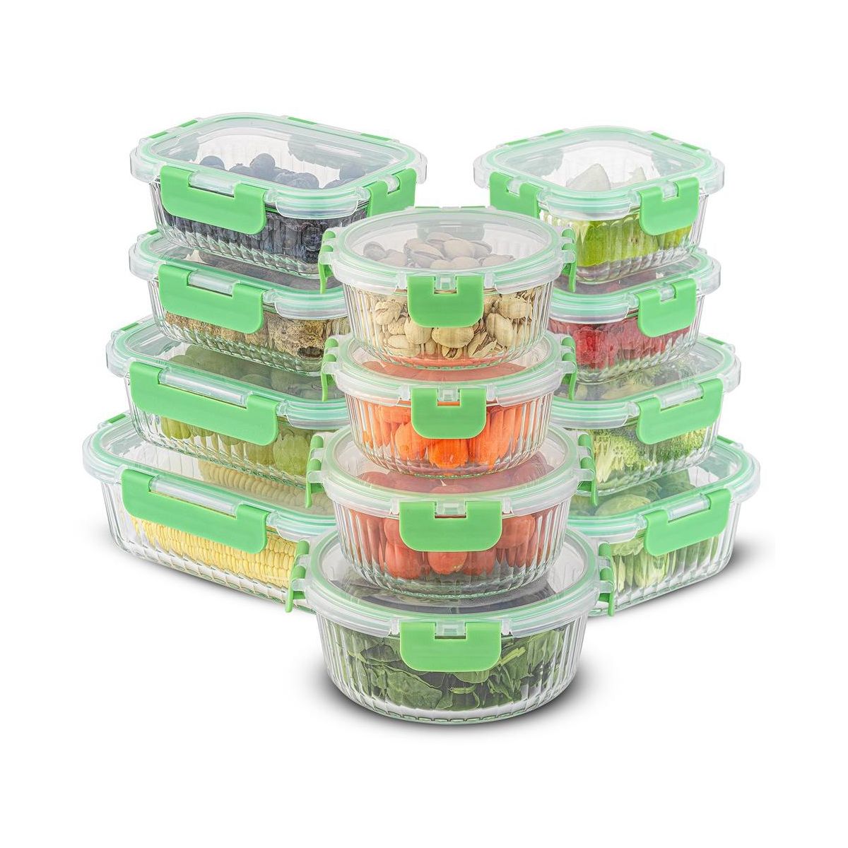 JoyJolt 24 Piece Fluted Glass Food Storage Containers with Leakproof Lids Set - Black