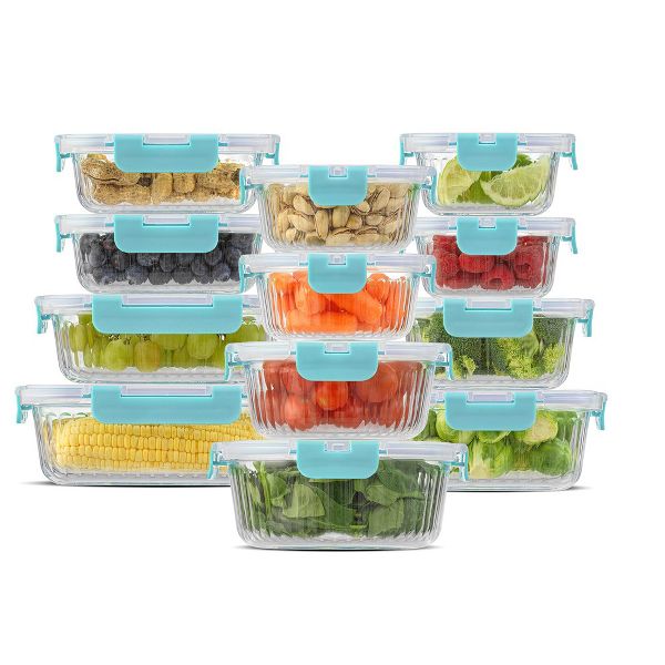 JoyJolt 24 Piece Fluted Glass Food Storage Containers with Leakproof Lids Set - Black