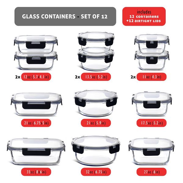 JoyTable 12-Pack Glass Food Storage Containers with Lids, Reusable Glass Food Containers with Leakproof Snap Lock Lids