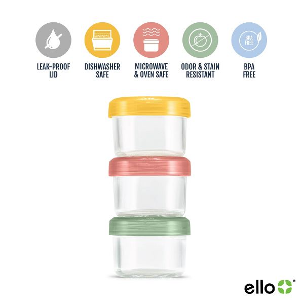 Ello 6pc Glass Condiment Color Lock Food Storage Container Set: Microwave & Oven Safe, Multicolored Lids
