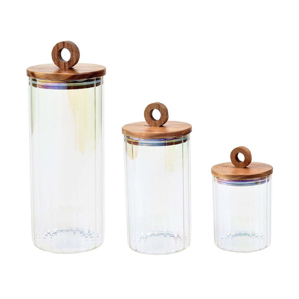 SharpChef 3PC Set Glass Airtight Electroplated Storage Jar with Wooden Acacia Lid, Clear Glass Food Storage Jars, Container, Pantry Organization
