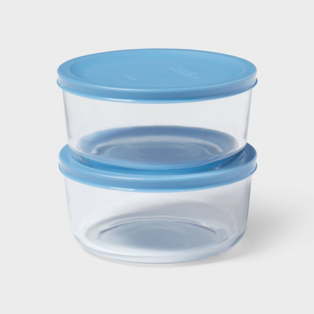 4pc (set of 2) 4c Round Glass Food Storage Container Set Blue - Room Essentials™