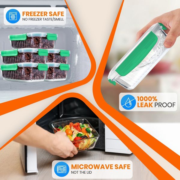 NutriChef 5-Piece Superior Glass Food Storage Containers Set - Stackable Design, Newly BPA-free Airtight Locking lids with Wave Design