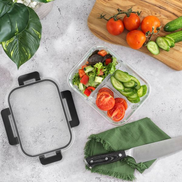 JoyJolt 3-Sectional Divided Food Prep Food Storage Containers with Lids - Set of 5 - Black