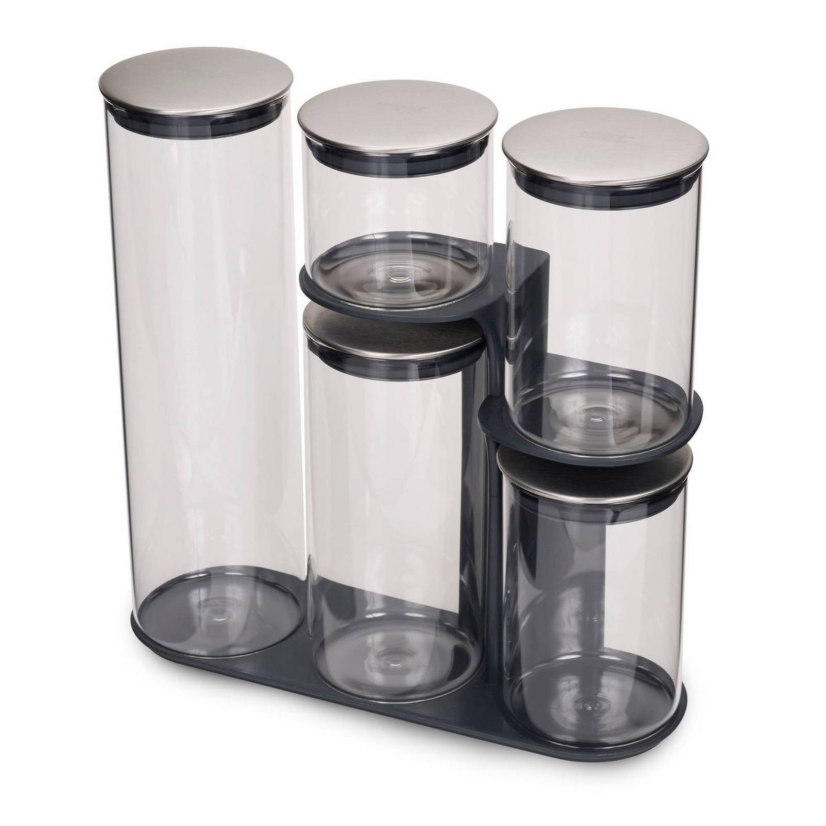 Joseph Joseph Podium 5pc Glass Storage Jar Set with Stand: Borosilicate Glass, Airtight Lids, Stackable