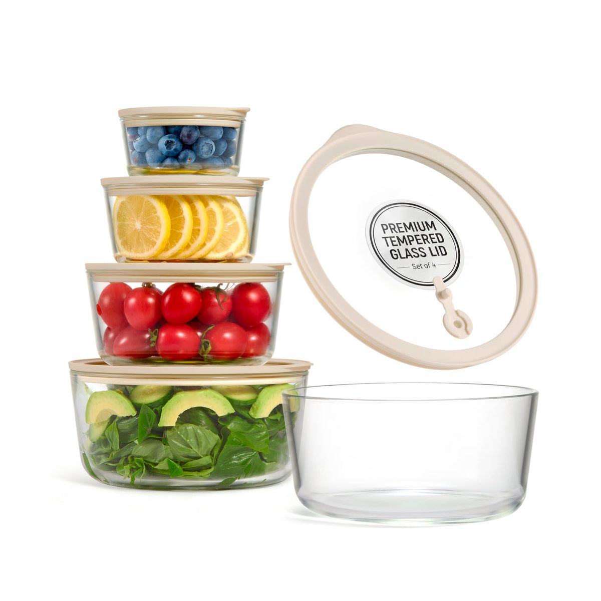 Kook Glass Nesting Bowl Set with Lids, Clear/Sand, Set of 4 (7/17/32/50 oz)