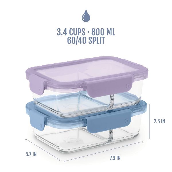 Ello Color Lock Glass 3.4c 2pk Divided Meal Prep Food Storage Container Set Purple/Blue