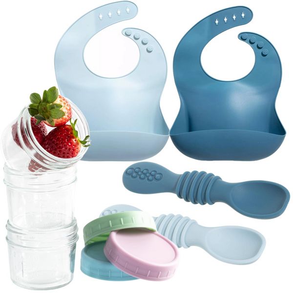 12pc Glass Baby Food Storage Jars, 4 Silicone Baby Spoons & 2 Silicone Bibs, Baby Mealtime Essentials – BPA-Free, Leakproof, and Dishwasher Safe