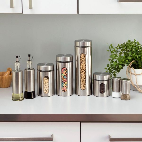 Le'raze 4pc Stainless Steel Canister Set for Kitchen Counter with Glass Window & Airtight Lids