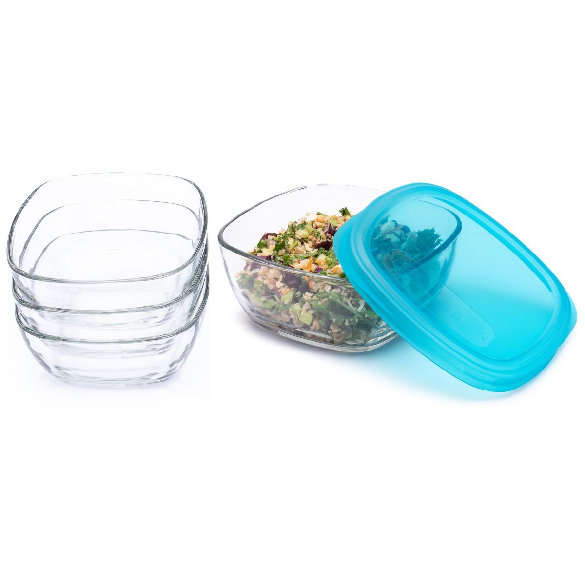 Libbey Serve It 8 Piece Glass Storage Bowl Set with 6 Cup Containers and Blue Plastic Lids