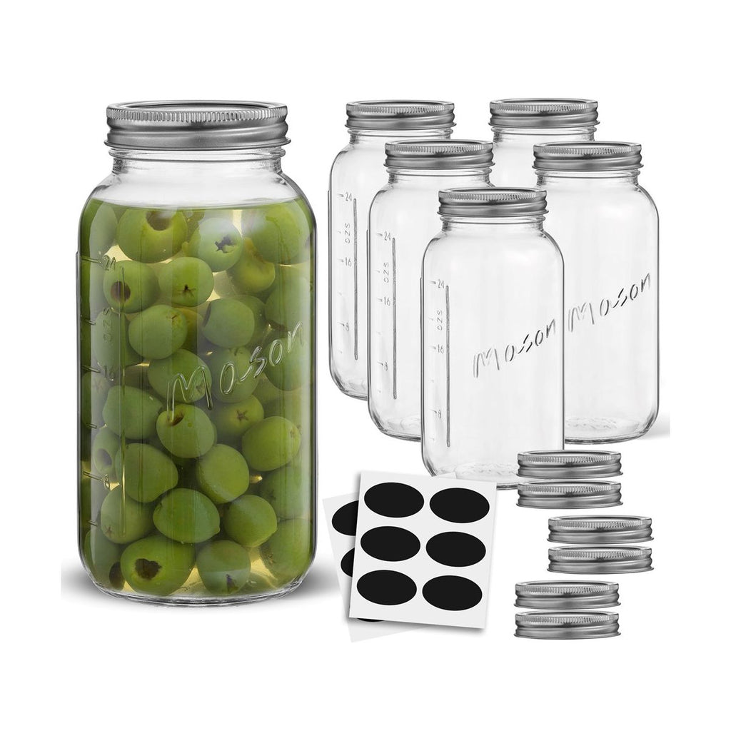 JoyJolt Regular Mason Jars with Airtight Lids, Labels and Measures - 32 oz - Set of 6
